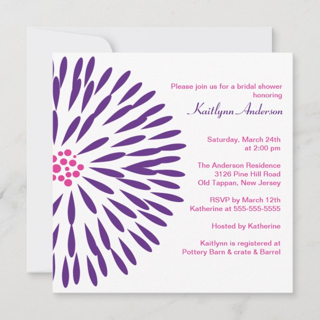 Purple Flower on White Bridal Shower Invitation (Front)