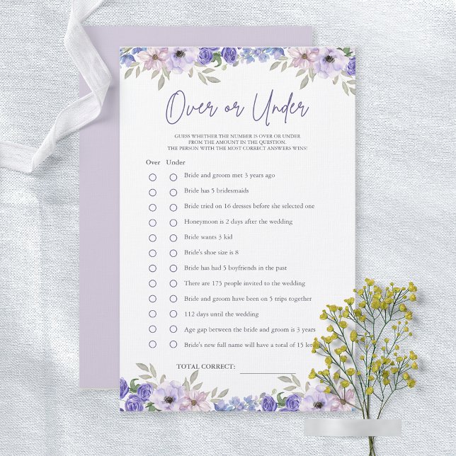 Purple Flower Over or Under Bridal Shower Game (Purple Flower Over or Under Bridal Shower Game)