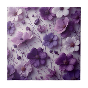 Purple Flower Pattern on a White Background Ceramic Tile