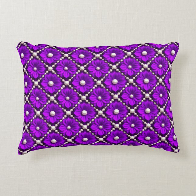 Purple Flower Pattern With Pearl Beads Accent Pillow (Front)