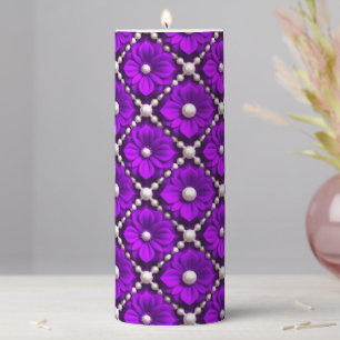Purple Flower Pattern With Pearl Beads Pillar Candle
