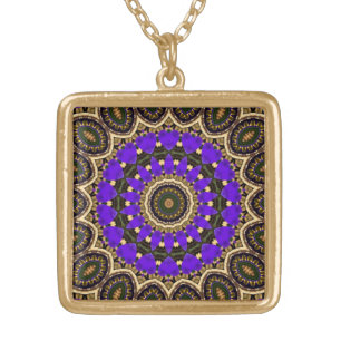 Purple Flower Petals Pattern Kaleidoscope Design 2 Gold Plated Necklace