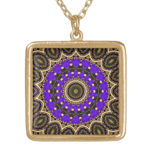 Purple Flower Petals Pattern Kaleidoscope Design 2 Gold Plated Necklace