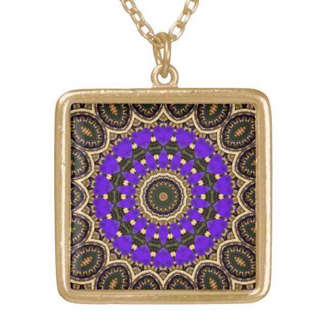 Purple Flower Petals Pattern Kaleidoscope Design 2 Gold Plated Necklace (Front)