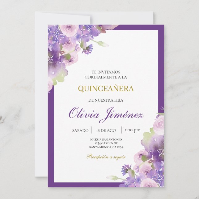 Purple flower quinceañera  invitation (Front)