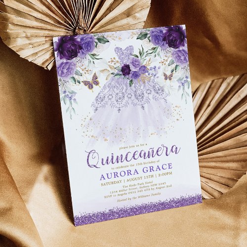 Purple Flower Quinceaera Princess Dress Butterfly Invitation