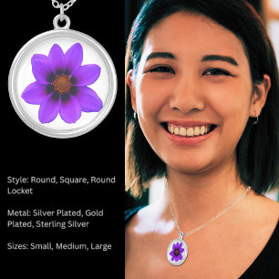 Purple Flower Round Silver Plated Necklace