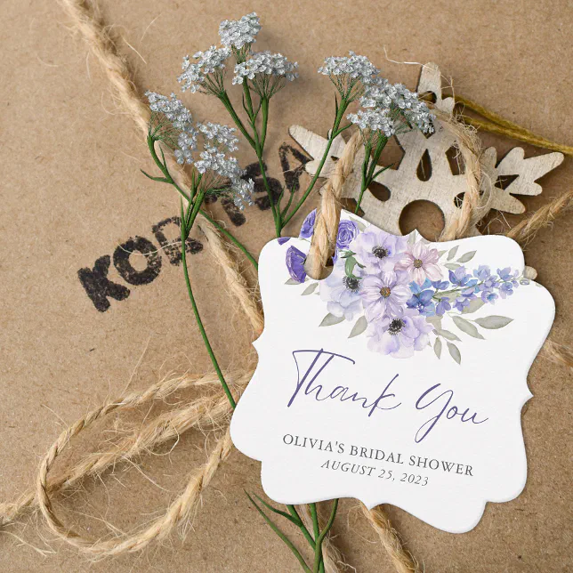 Purple Flower Script Bridal Shower Thank You Favor Tags | Zazzle