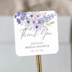 Purple Flower Script Bridal Shower Thank You Square Sticker