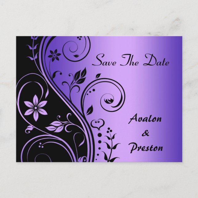 Purple Flower Scrollwork Save The Date Card (Front)