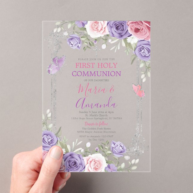 Purple Flower Silver Cross Pink 1st Holy Communion Acrylic Invitations (Insitu (Handheld))