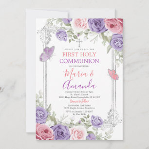 Purple Flower Silver Cross Pink 1st Holy Communion Invitation