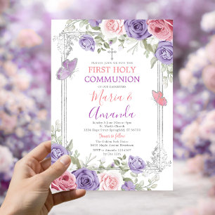 Purple Flower Silver Cross Pink 1st Holy Communion Invitation