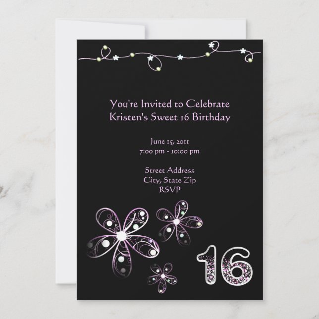 Purple Flower Sweet 16 Birthday Invitation (Front)