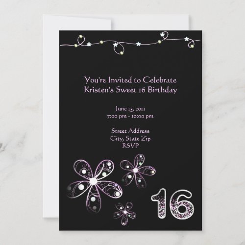 Purple Flower Sweet 16 Birthday Invitation