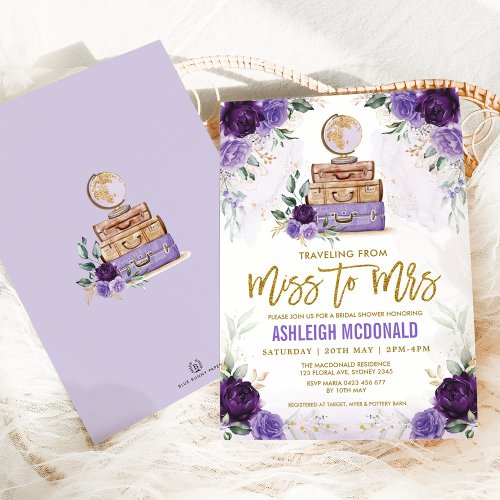Purple Flower Travel Bridal Shower Miss to Mrs Invitation
