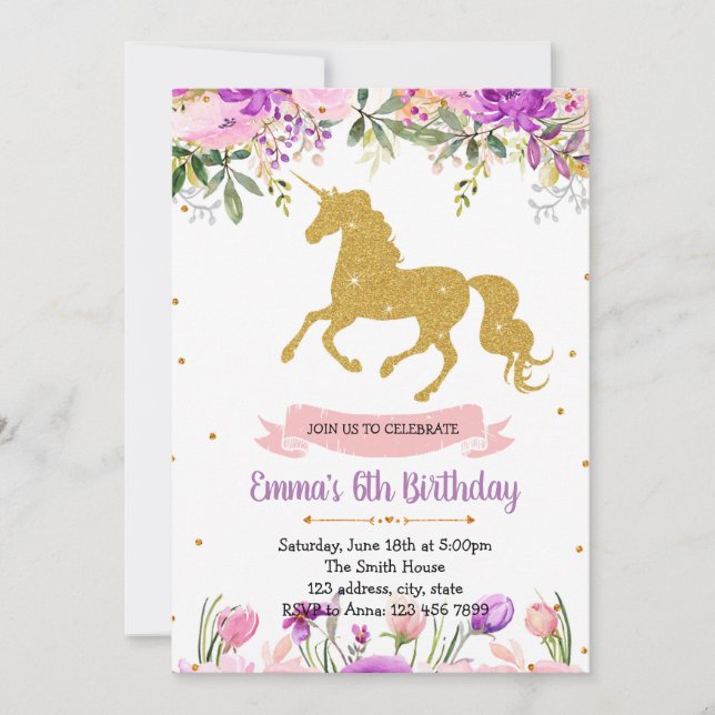 Purple flower unicorn party theme invitation (Front)