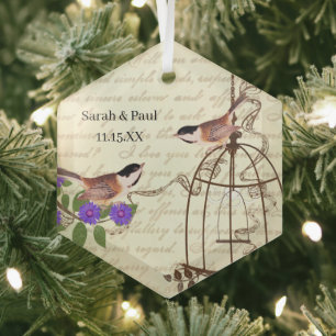 Purple Flower Vintage Bird Save the Date Birdcage Glass Ornament