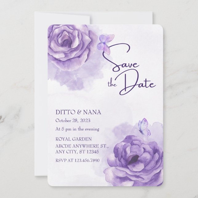 Purple flower watercolor wedding  invitation (Front)