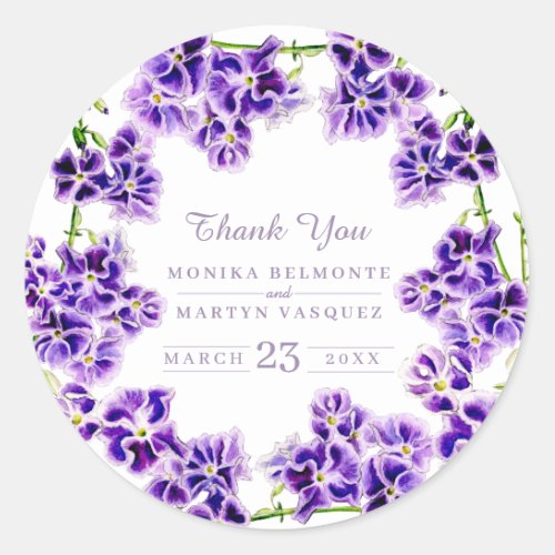 Purple flower watercolor wedding thank you classic round sticker