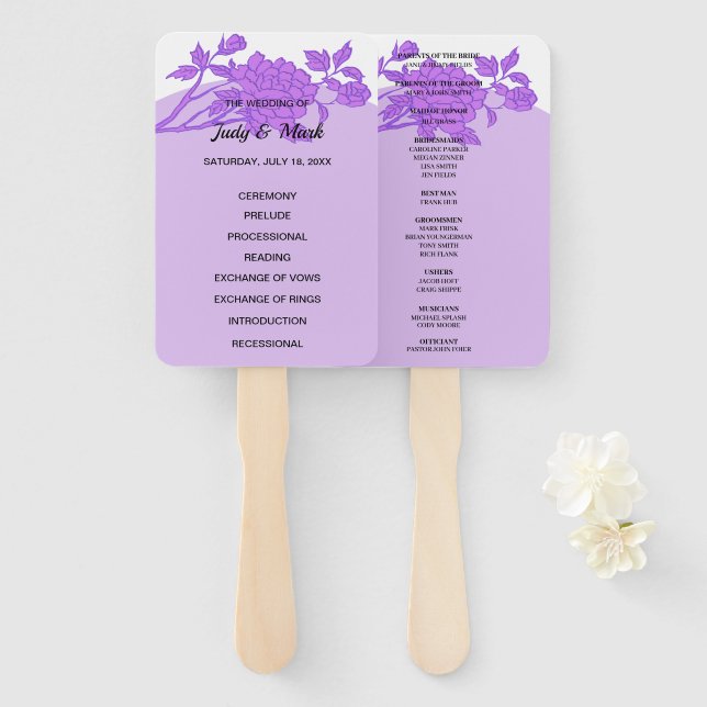 Purple Flower Wedding Program Hand Fan (Front and Back)