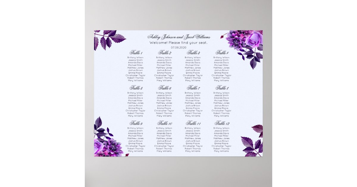 Purple Flower Wedding Seating Chart Violet Floral Poster Zazzle