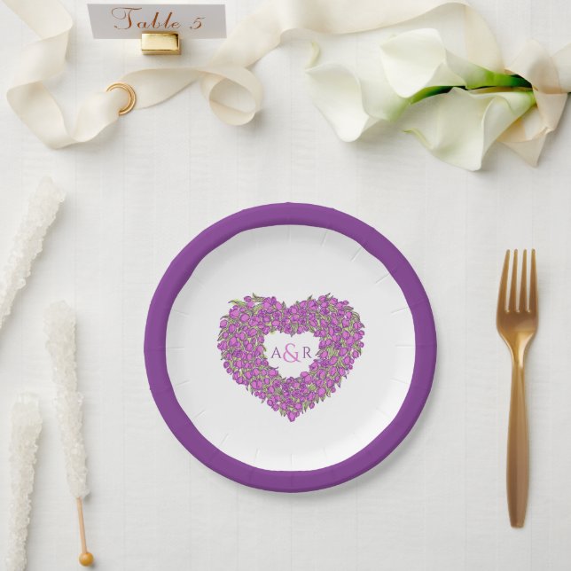 Purple flower wedding tulip heart bouquet monogram paper plates (Wedding)