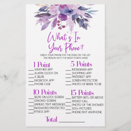 Purple Flower Whats In Phone Bridal Shower Game Stationery