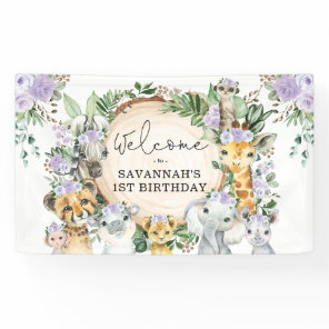 Purple Flower Wild Safari Animals Birthday Welcome Banner