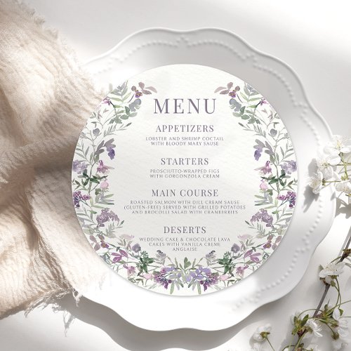 Purple flower wreath round wedding Menu Card Plate