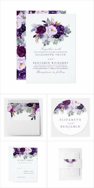 Purple Flowers Wedding Invitation Set