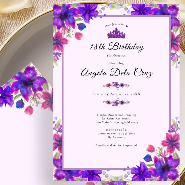 Purple Flowers 18th Birthday Debut Invitation (Creator Uploaded)