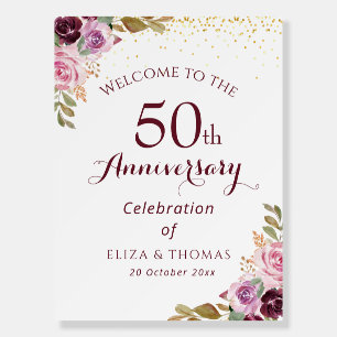 Purple flowers 50th anniversary welcome sign