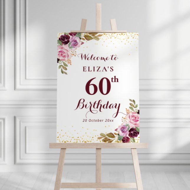 Purple flowers 60th birthday party welcome sign (Creator Uploaded)