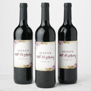 Purple flowers 60th birthday party wine label