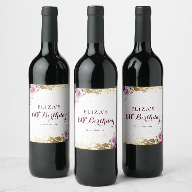 Purple flowers 60th birthday party wine label (Bottles)
