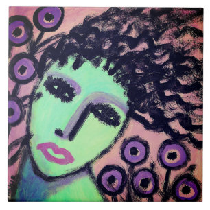 Purple Flowers Abstract Portrait of a Woman Ceramic Tile
