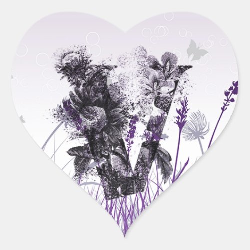 Purple Flowers Alphabet _ Letter V Girls Name Heart Sticker