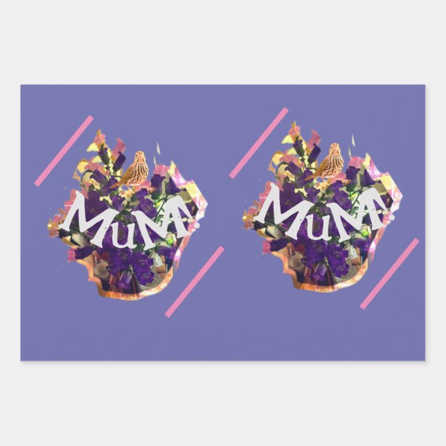 Purple Flowers and Bird Wrapping Paper Sheets (Front)
