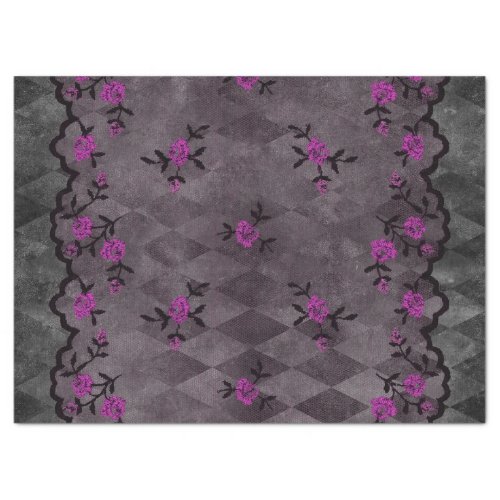 Purple Flowers and Black Faux Lace Decoupage Tissue Paper