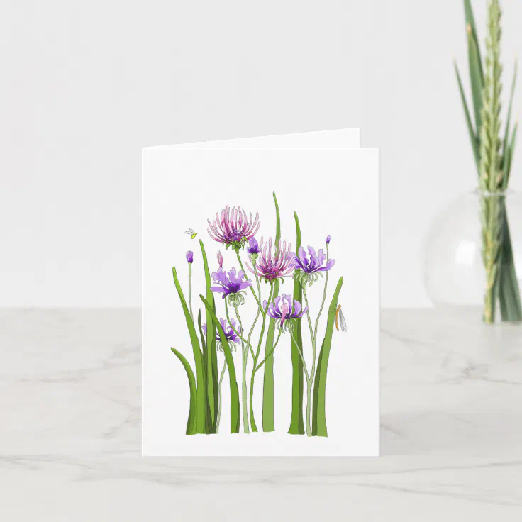 Purple Flowers And Bugs Note Card (Blank Inside) Zazzle