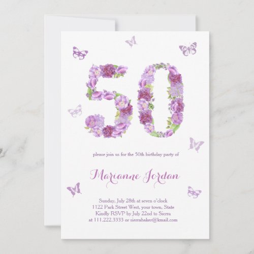 Purple Flowers And Butterflies 50th Birthday Party Invitation