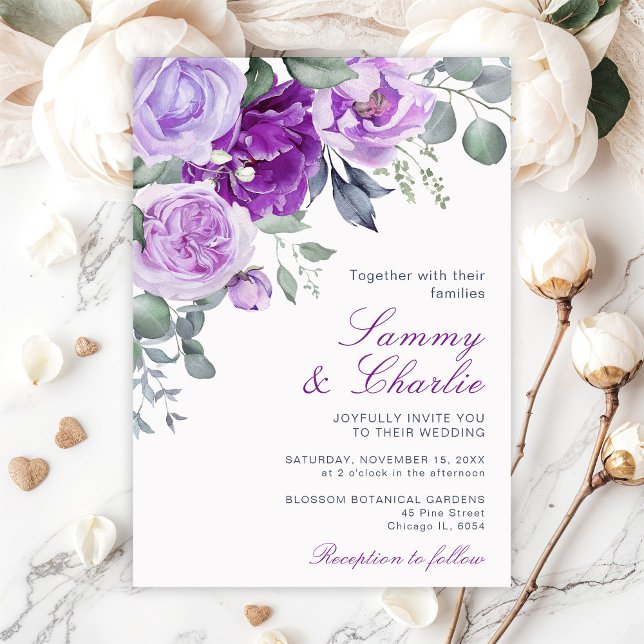 Purple Flowers and Eucalyptus Leaves Wedding Invitation (Creator Uploaded)