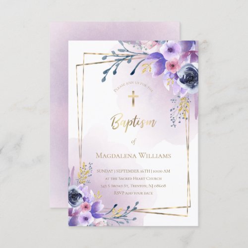 purple flowers and faux gold foil frame  Baptism Invitation