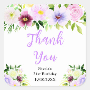 Purple Flowers and Foliage Birthday Thank You Square Sticker