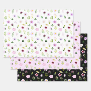 Purple Flowers and Foliage Pattern Wrapping Paper Sheets
