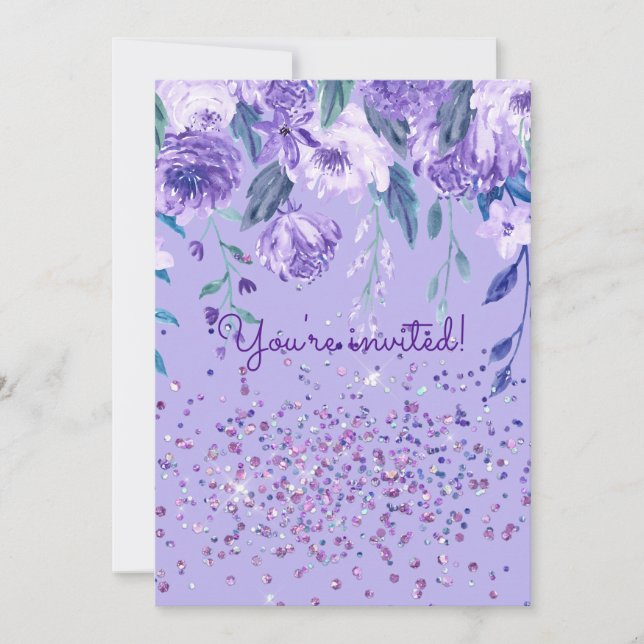 Purple Flowers and Glitter Party Invitation (Front)
