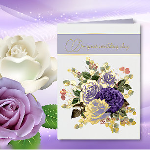Purple Flowers and Gold Accents Wedding Foil Greeting Card