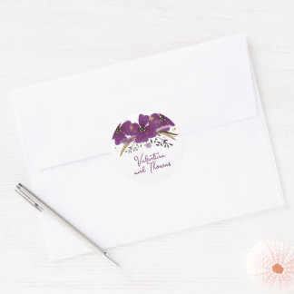Purple Flowers and Gold Glitter  Classic Round Sticker