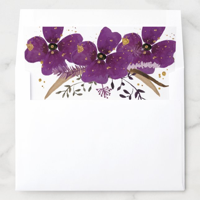 Purple Flowers and Gold Glitter Envelope Liner (In Envelope)